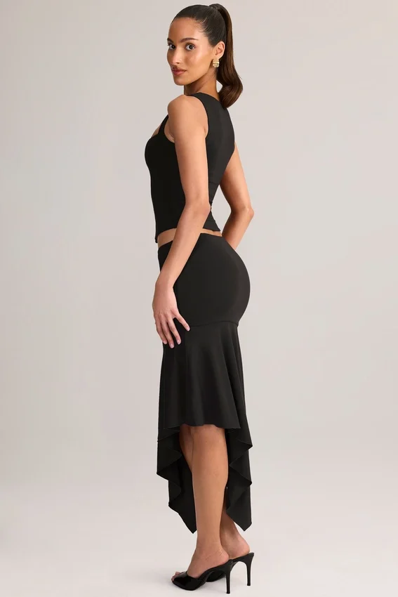 Jupe mi-longue asymétrique taille basse Niva en modal noir Jupe mi-longue asymétrique taille basse Niva en modal noir
