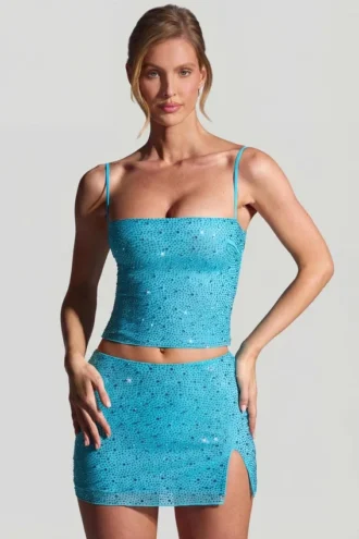 Jupe micro à taille mi-haute Inina ornée, bleu aqua Jupe micro à taille mi-haute Inina ornée, bleu aqua