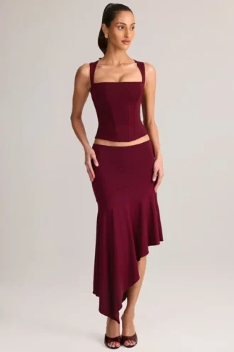Jupe midi asymétrique taille basse Niva en modal, couleur vin