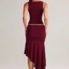 Jupe midi asymétrique taille basse Niva en modal, couleur vin