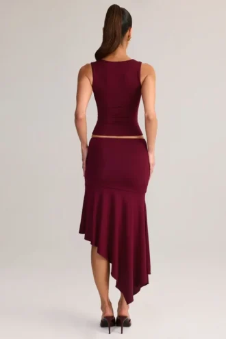 Jupe midi asymétrique taille basse Niva en modal, couleur vin