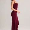 Jupe midi asymétrique taille basse Niva en modal, couleur vin