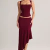 Jupe midi asymétrique taille basse Niva en modal, couleur vin