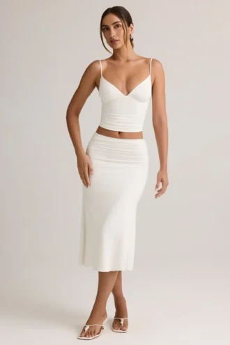 Jupe midi froncée en modal Luella, taille mi-haute, en blanc