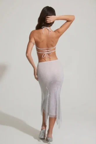 Jupe midi-longue Jordana à ourlet en pointe orné, couleur argent