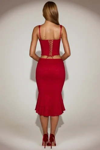 Jupe midi évasée en dentelle corail à taille mi-haute, couleur True Red