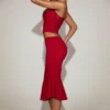 Jupe midi évasée en dentelle corail à taille mi-haute, couleur True Red Jupe midi évasée en dentelle corail à taille mi-haute, couleur True Red