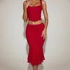Jupe midi évasée en dentelle corail à taille mi-haute, couleur True Red Jupe midi évasée en dentelle corail à taille mi-haute, couleur True Red
