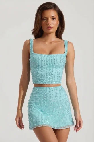 Jupe mini taille basse ornée Jianna, bleu aqua