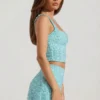 Jupe mini taille basse ornée Jianna, bleu aqua Jupe mini taille basse ornée Jianna, bleu aqua