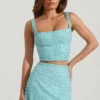 Jupe mini taille basse ornée Jianna, bleu aqua Jupe mini taille basse ornée Jianna, bleu aqua