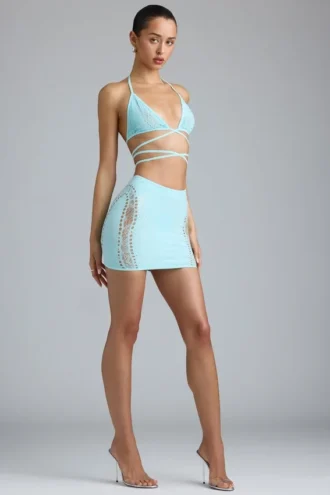 Jupe mini taille moyenne Joni ornée, bleu glacier