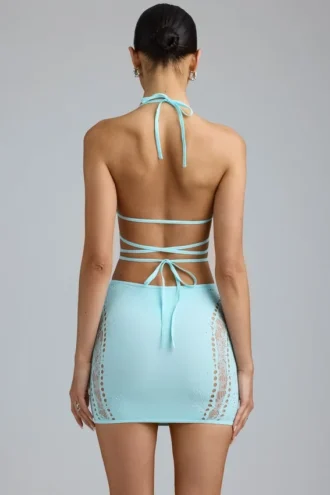 Jupe mini taille moyenne Joni ornée, bleu glacier