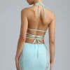 Jupe mini taille moyenne Joni ornée, bleu glacier Jupe mini taille moyenne Joni ornée, bleu glacier
