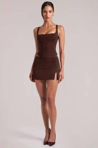Jupe moulante taille moyenne Tula avec fente, couleur marron chocolat