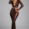 Jupe-robe en jersey métallisé à taille mi-haute Zahra, couleur cuivre bronze Jupe-robe en jersey métallisé à taille mi-haute Zahra, couleur cuivre bronze