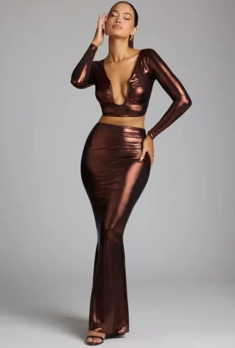 Jupe-robe en jersey métallisé à taille mi-haute Zahra, couleur cuivre bronze