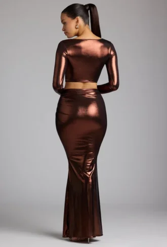 Jupe-robe en jersey métallisé à taille mi-haute Zahra, couleur cuivre bronze