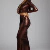 Jupe-robe en jersey métallisé à taille mi-haute Zahra, couleur cuivre bronze Jupe-robe en jersey métallisé à taille mi-haute Zahra, couleur cuivre bronze