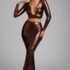 Jupe-robe en jersey métallisé à taille mi-haute Zahra, couleur cuivre bronze Jupe-robe en jersey métallisé à taille mi-haute Zahra, couleur cuivre bronze