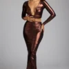 Jupe-robe en jersey métallisé à taille mi-haute Zahra, couleur cuivre bronze Jupe-robe en jersey métallisé à taille mi-haute Zahra, couleur cuivre bronze