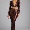 Jupe-robe en jersey métallisé à taille mi-haute Zahra, couleur cuivre bronze Jupe-robe en jersey métallisé à taille mi-haute Zahra, couleur cuivre bronze