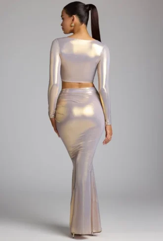 Jupe-robe en jersey métallisé à taille mi-haute Zahra, couleur or clair