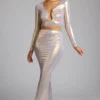 Jupe-robe en jersey métallisé à taille mi-haute Zahra, couleur or clair Jupe-robe en jersey métallisé à taille mi-haute Zahra, couleur or clair