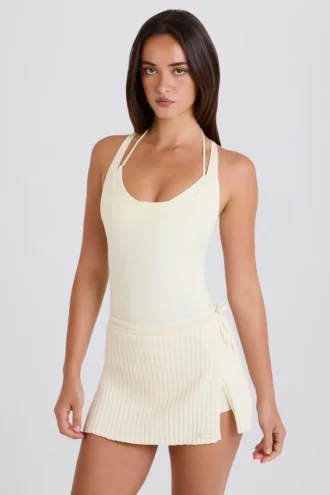 Jupe-short croisée en maille côtelée, couleur crème