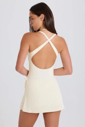 Jupe-short croisée en maille côtelée, couleur crème