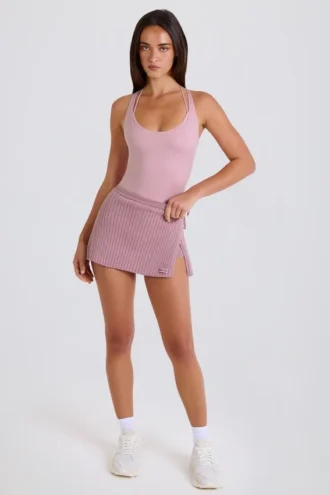 Jupe-short croisée en maille côtelée, couleur mauve