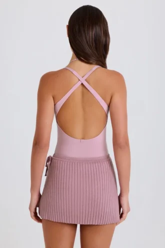 Jupe-short croisée en maille côtelée, couleur mauve