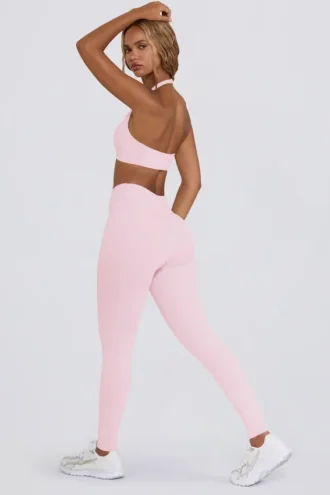 Legging en jersey brossé à taille mi-haute et fronces, couleur rose pâle chiné
