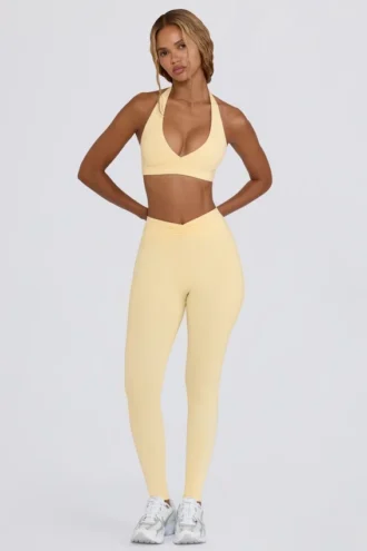 Legging froncé en jersey brossé à taille mi-haute en marl citron