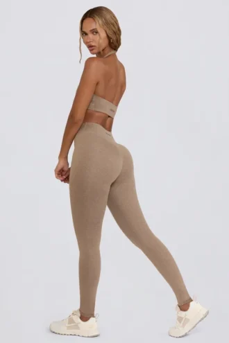 Legging mi-haut froncé en jersey brossé, couleur moka chiné
