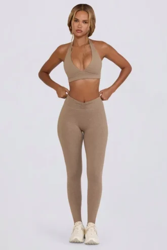 Legging mi-haut froncé en jersey brossé, couleur moka chiné