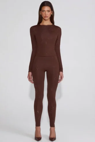 Legging taille haute en jersey orné Cassie, couleur marron chocolat