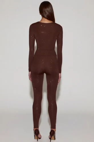 Legging taille haute en jersey orné Cassie, couleur marron chocolat