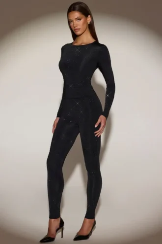Legging taille haute en jersey orné Cassie, noir