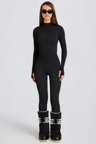 Legging thermique noir à imprimé léopard