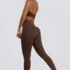 Leggings en jersey brossé à taille mi-haute et fronces, couleur noisette chinée