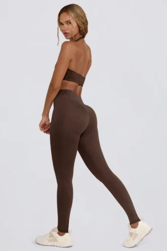 Leggings en jersey brossé à taille mi-haute et fronces, couleur noisette chinée
