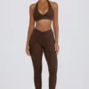 Leggings en jersey brossé à taille mi-haute et fronces, couleur noisette chinée