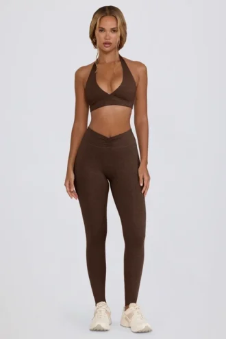 Leggings en jersey brossé à taille mi-haute et fronces, couleur noisette chinée