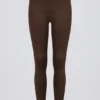 Leggings en jersey brossé à taille mi-haute et fronces, couleur noisette chinée