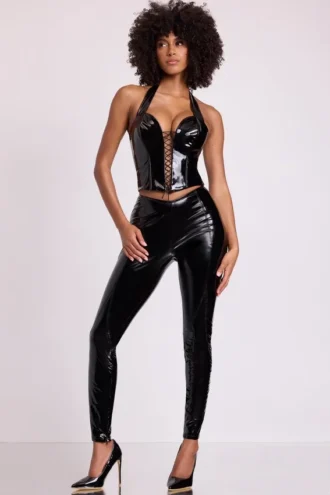 Leggings en vinyle Samara à taille haute en V, couleur noir
