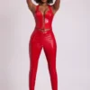 Leggings en vinyle Samara à taille haute en V, couleur rouge feu Leggings en vinyle Samara à taille haute en V, couleur rouge feu