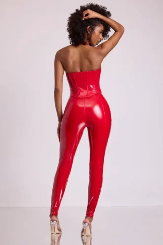 Leggings en vinyle Samara à taille haute en V, couleur rouge feu