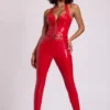 Leggings en vinyle Samara à taille haute en V, couleur rouge feu Leggings en vinyle Samara à taille haute en V, couleur rouge feu
