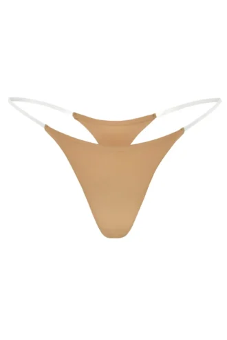 Lingerie String en maille sans coutures à bretelles transparentes, couleur caramel